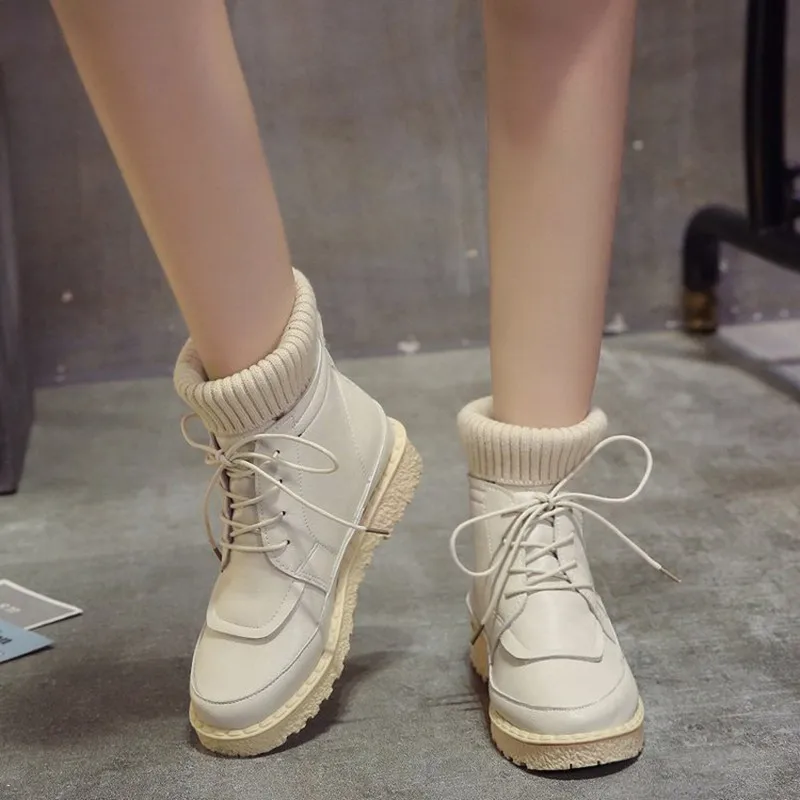 COOTELILI Women Boots Ankle Boots 2018 Winter Shoes Lace-Up Knitted Flat Shoes Rubber Boots Women Leather Shoes 3cm Heel  (7)