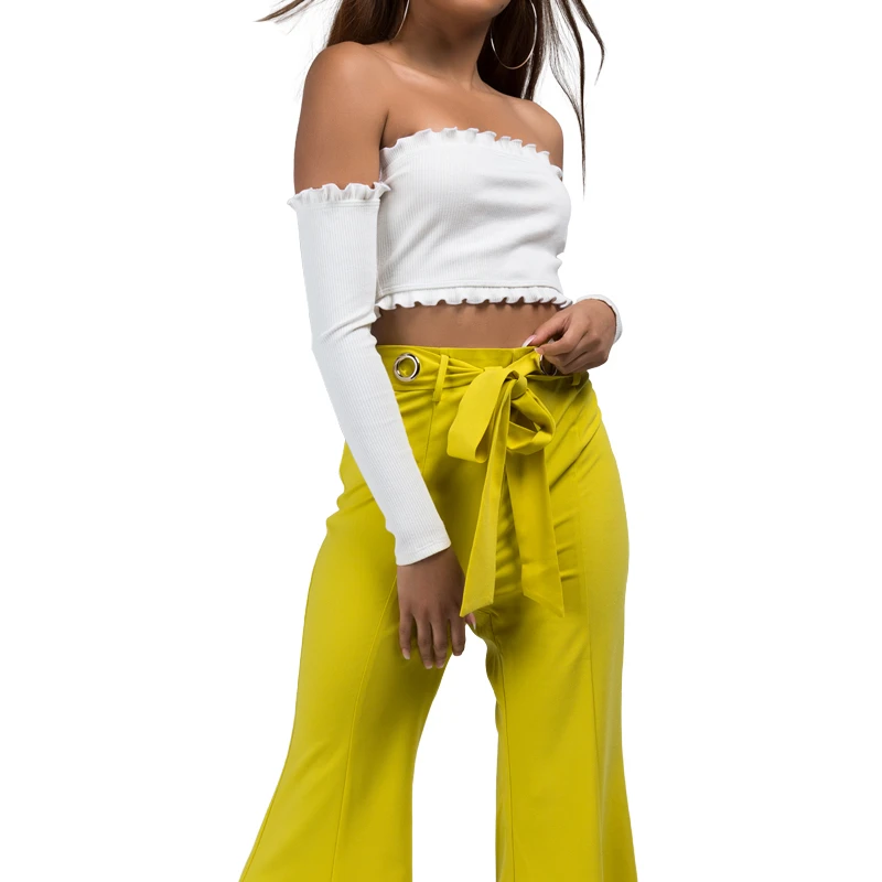 AKIRA Women's High Waist Grommet Hole Big Bow Belt Bell Bottom Wide Leg Flared Trouser Pants