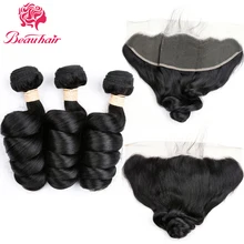 Loose Wave with 13×4 Frontal Malaysian Loose Wave 3 Bundles Human Hair Extensions with Free Part Lace Frontal Closure