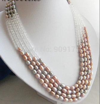 

Free Shipping>>>4Strands 17'' 7MM Rice Gray Lavender Freshwater Pearl Clear Crystal Necklace