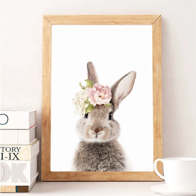 

Girls Bedroom Decor Bunny Rabbit Nursery Wall Art Canvas Poster and Print Watercolor Flowers Animal Painting Pink Roses Picture