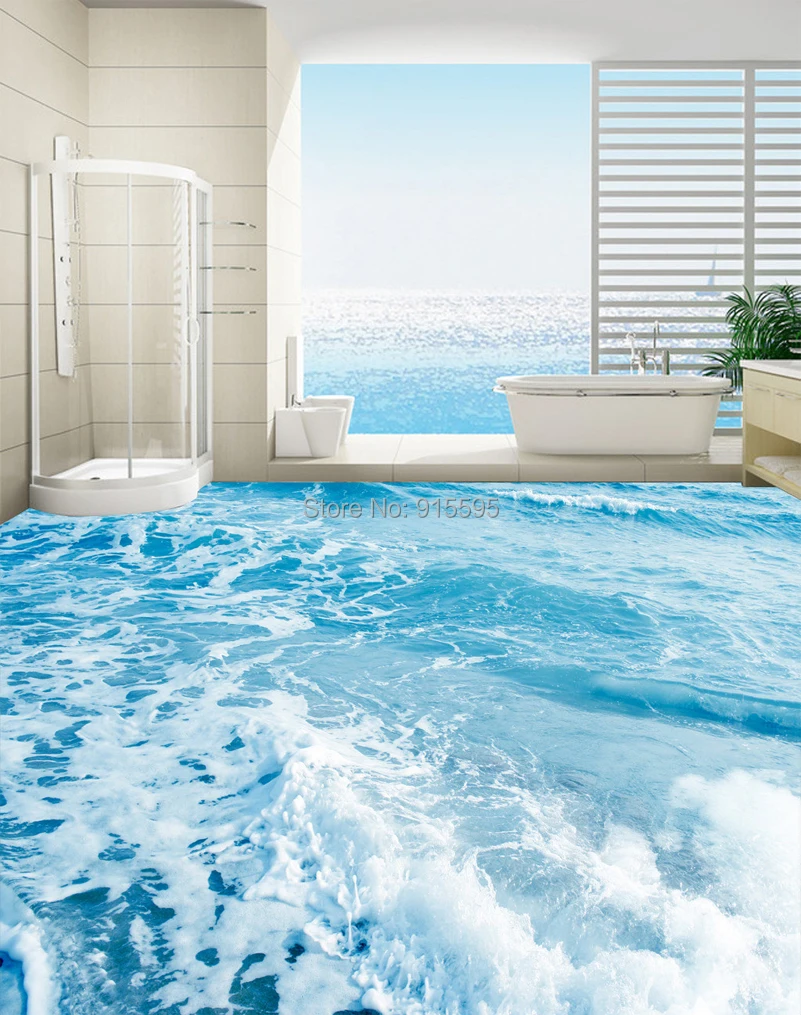 Custom 3D Floor Mural Wallpaper Sea Water Waves Floor Sticker Paintings Wear Non-slip Self-adhesive PVC Waterproof Floor Murals