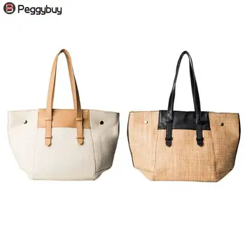 

Women Handbag Tote in European Lady Straw Leather Patchhwork Shoulder Bag Big Capacity Beach Tote for Holiday Bolsa Feminia