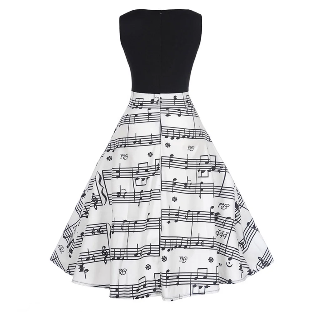 2018 Music Note Print Musical Women Vintage Midi Dress Sleeveless O