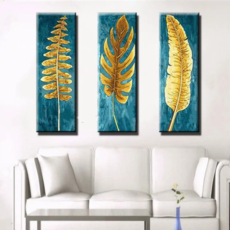 

3 Panel Beautiful Canvas Painting Knife Gold Leafs Pictures Hand Painted Abstract Blue Oil Paintings Modern Home Decor Wall Art