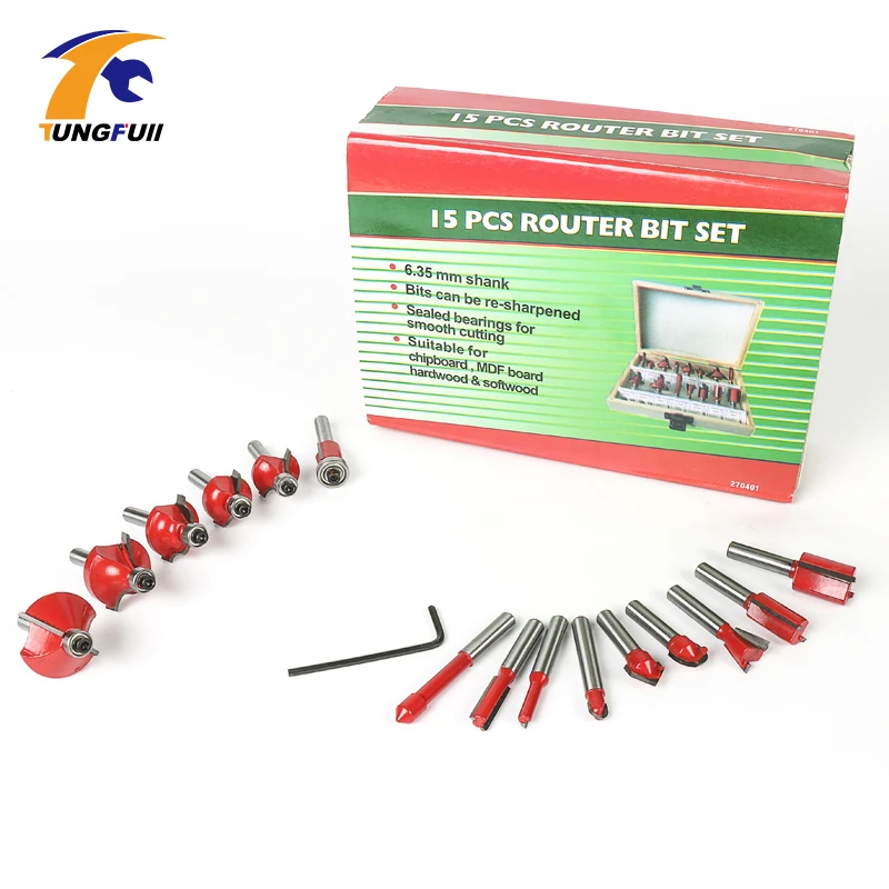 15pc Router Bit Set 1//4/" Shank Wood Working Power Tools Carbide Tipped W// Box
