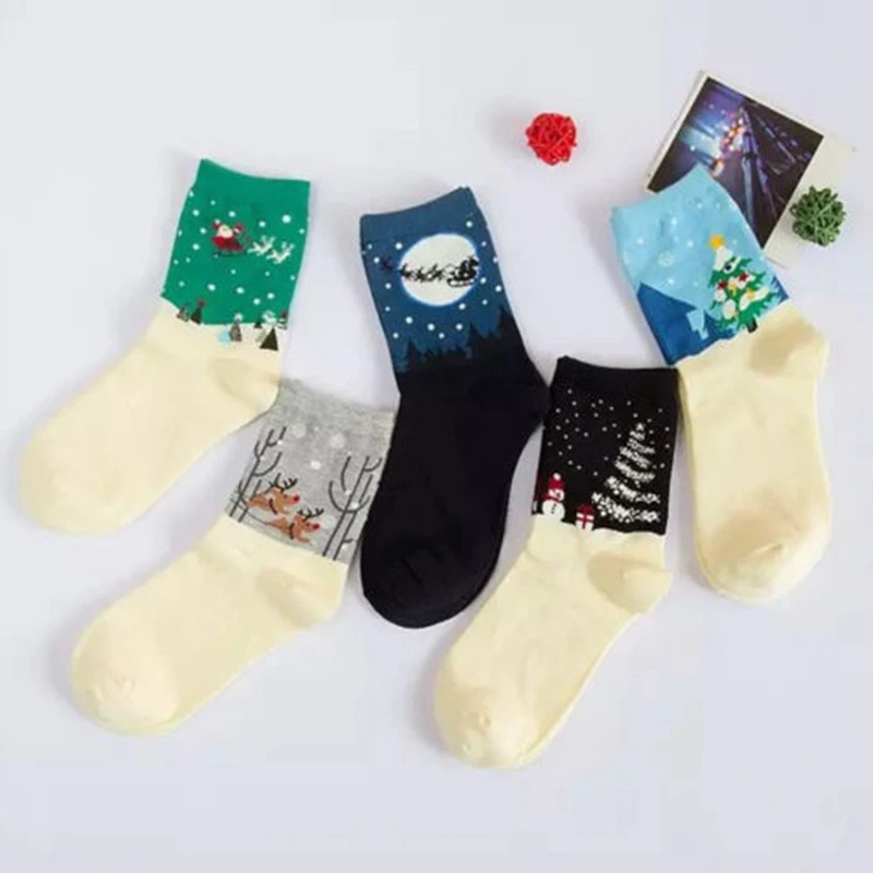 

1 Pairs Christmas Women Girls multicolor Tree Snowman Deer Print Socks tube socks Women Casual Comfortable Crew Socks Xmas sock