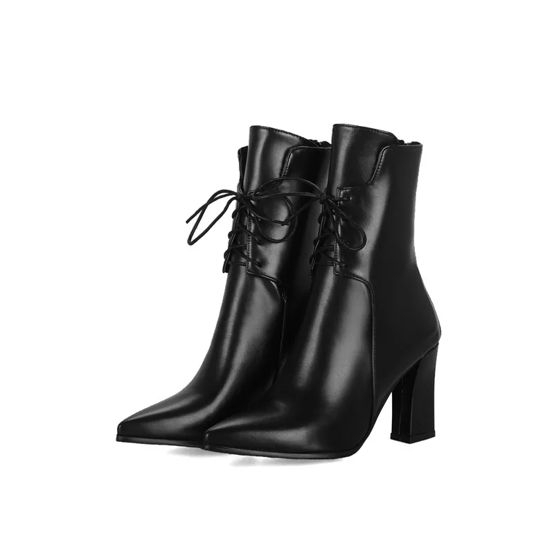YMECHIC/модные пикантные короткие сапоги для мотоциклистов на высоком квадратном каблуке со шнуровкой; большие размеры; Черная уличная Осенняя обувь с острым носком в стиле рок - Цвет: Черный