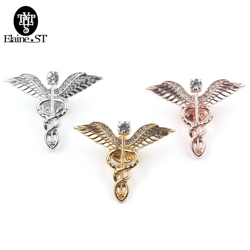 

10Pcs Caduceus Large Brooches 3.2CM Brooch Badges Lapel Pin Men Rod Of Asclepius Emergency Crystal Brooch For Medical Staff