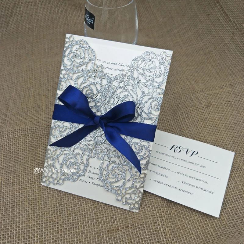 Invitaciones de boda de láser Brillante De plata azul marino con lazo 2019 tarjetas de quinceañera huecas de flores elegantes|Tarjetas e invitaciones| - AliExpress