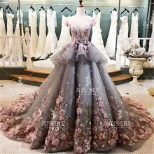 Jusere Puffy A line Short Sleeves Illusion Back Petals Beadings Lace Appliques Tiered Long Train Grey Pink Evening Dresses 2017