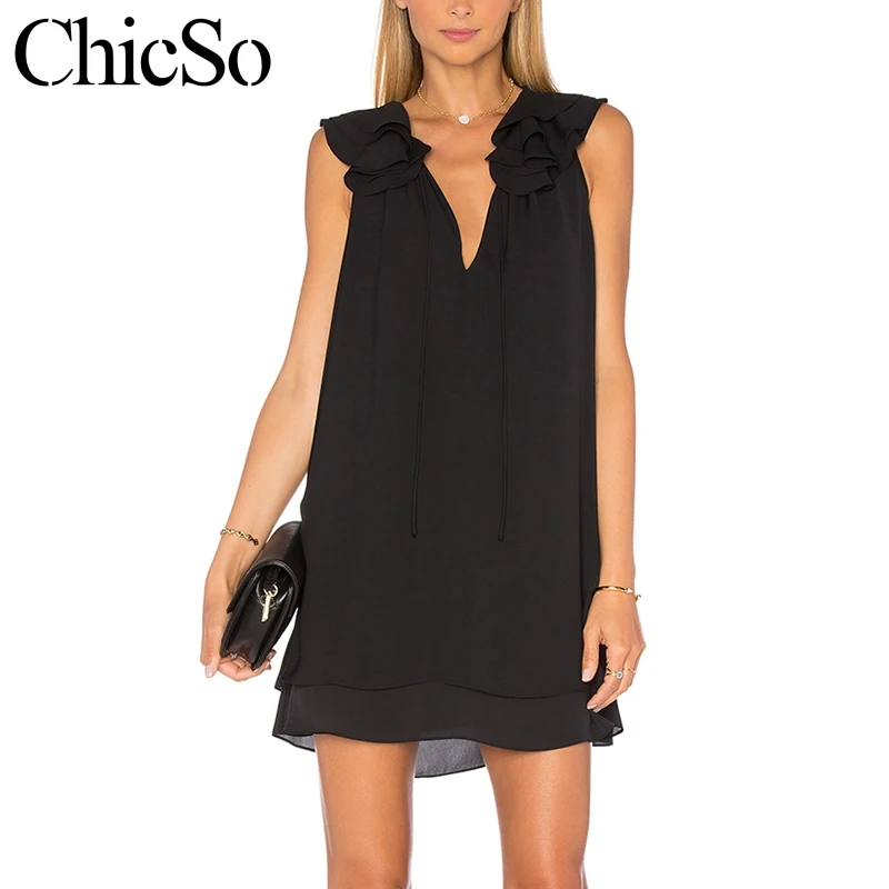 

MissyChilli Sleeveless short black chiffon dress Women bow elegant pink summer dress Female v neck loose red sexy dress vestidos