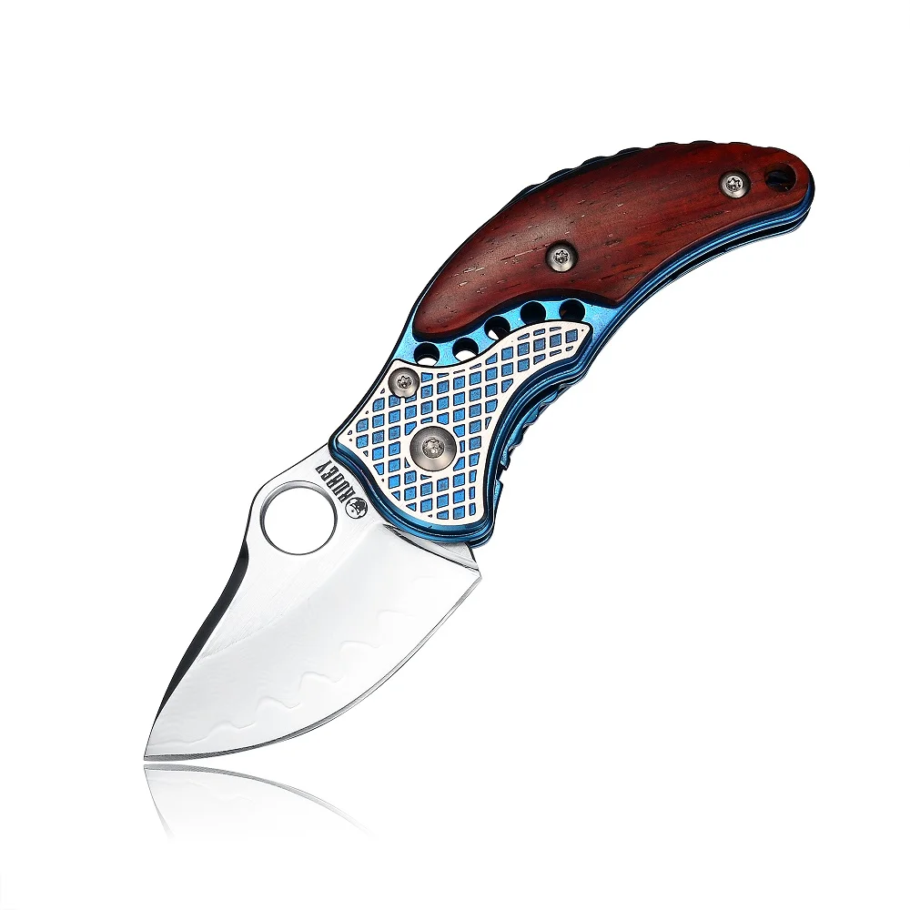 

KUBEY DM146 Folding Pocket Knife Wooden Handle Drop Point Shaving Sharp Blade Thumb Hole One Hand Opening for Outdoor EDC Tool