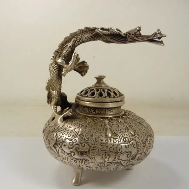 old handwork copper Tibet silver teapot with dragon handle carved cloud