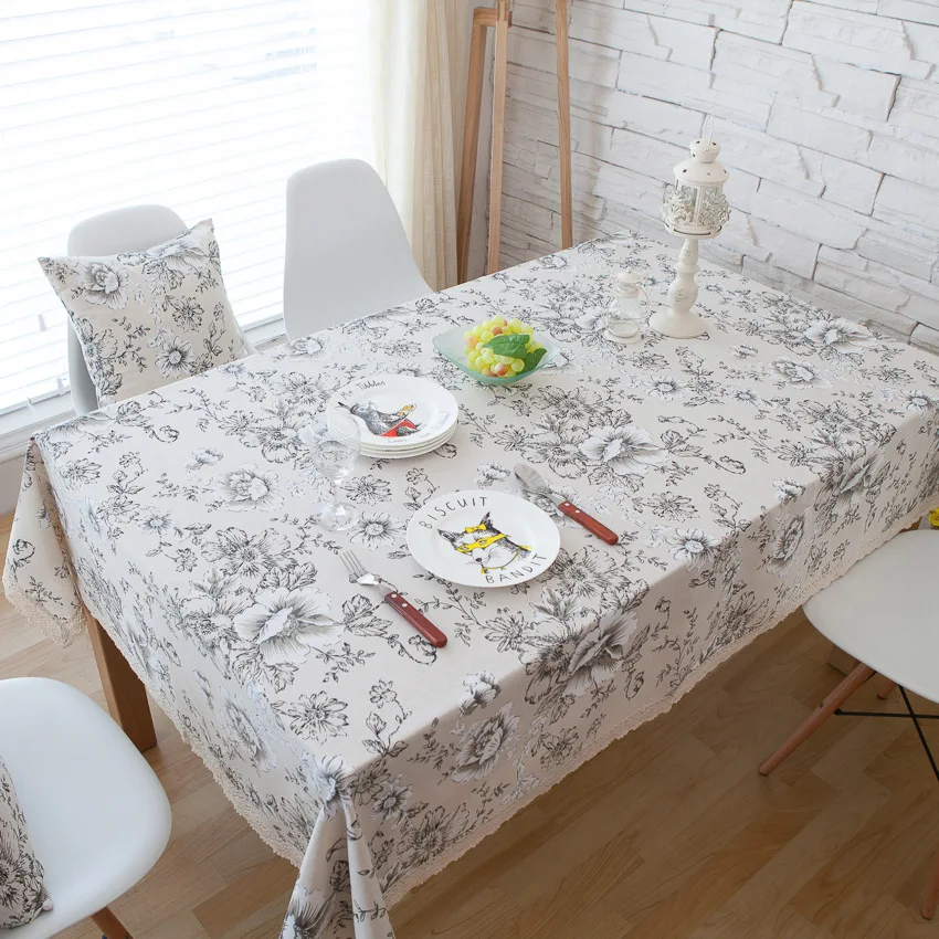 

Cotton Linen Print Black Peony Flower Customed Tablecloth Cover Table Deco with Embroidered Trim 170110a