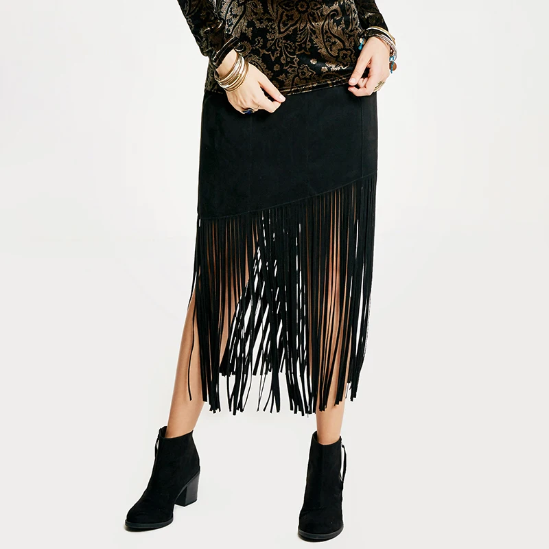 Brand Women Black Tassel Skirts Solid Bohemian Suede Pencil Skirts Lady