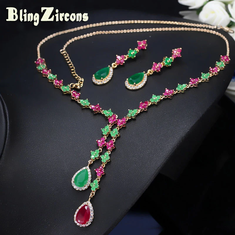 

BlingZircons Women Red Green Stone Drop Crystal Costume Jewelery Yellow Gold Color Nigerian Wedding Jewelry Set For Brides JS071