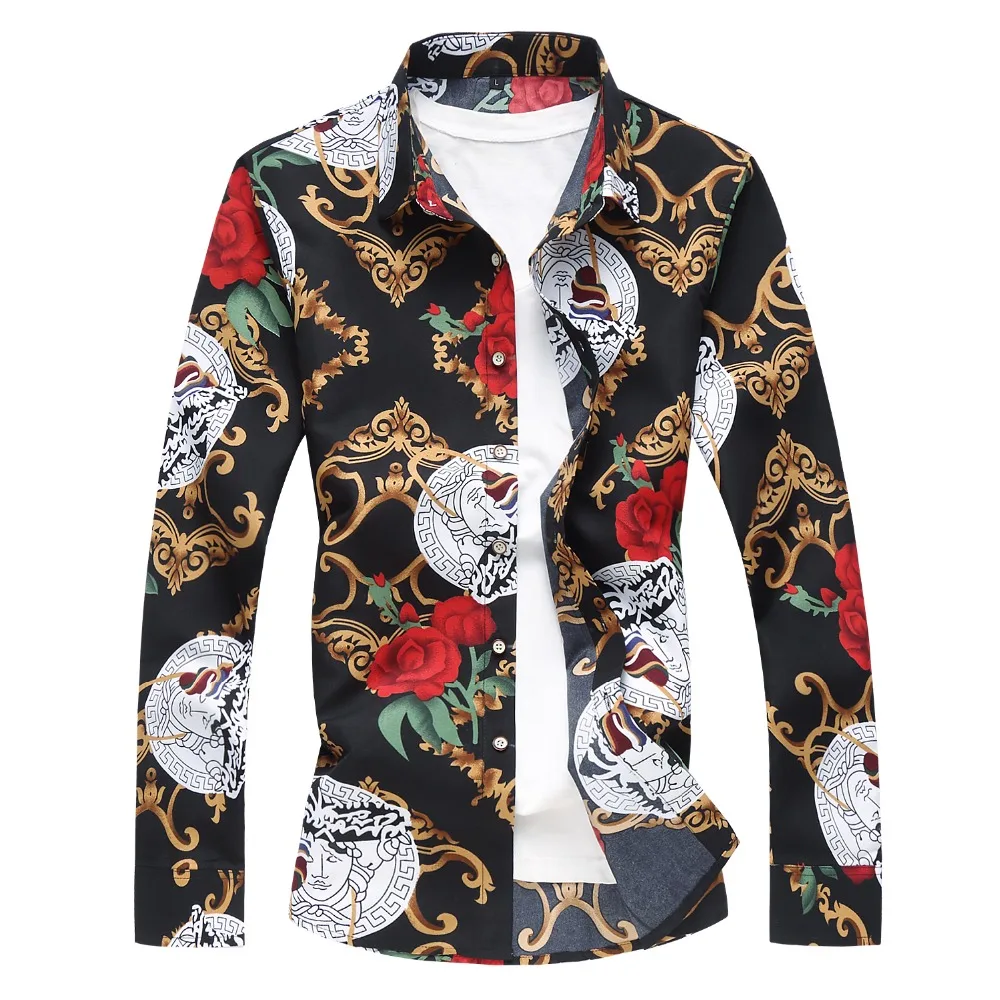 

JZ CHIEF England style Mens Long Sleeve Shirt Floral Print Hawaiian Shirt Male Casual Slim fit Clothes 2018 Plus Size 7XL Social