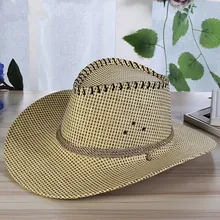 Летняя мода, Мужская однотонная соломенная ковбойская шляпа в западном стиле с веревкой, с широкими закручивающимися полями, кепка, ремень для подбородка, пляжные солнечные шляпы для защиты от УФ-лучей