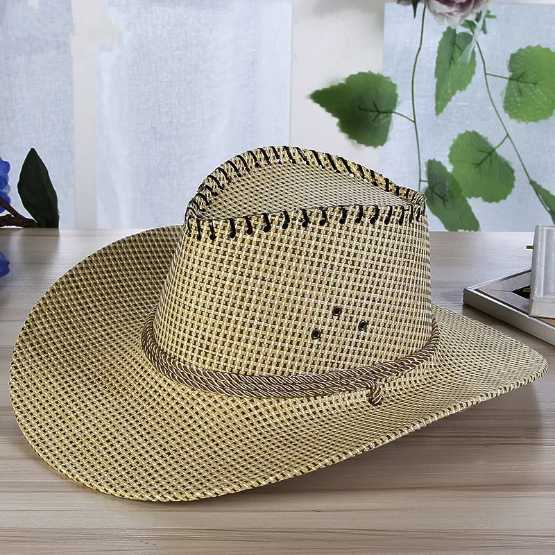

Summer Fashion Men Solid Straw Western Cowboy Hat With Rope Wild Curling Brim Cap Chin Strap Beach Sun Hats UV Protection