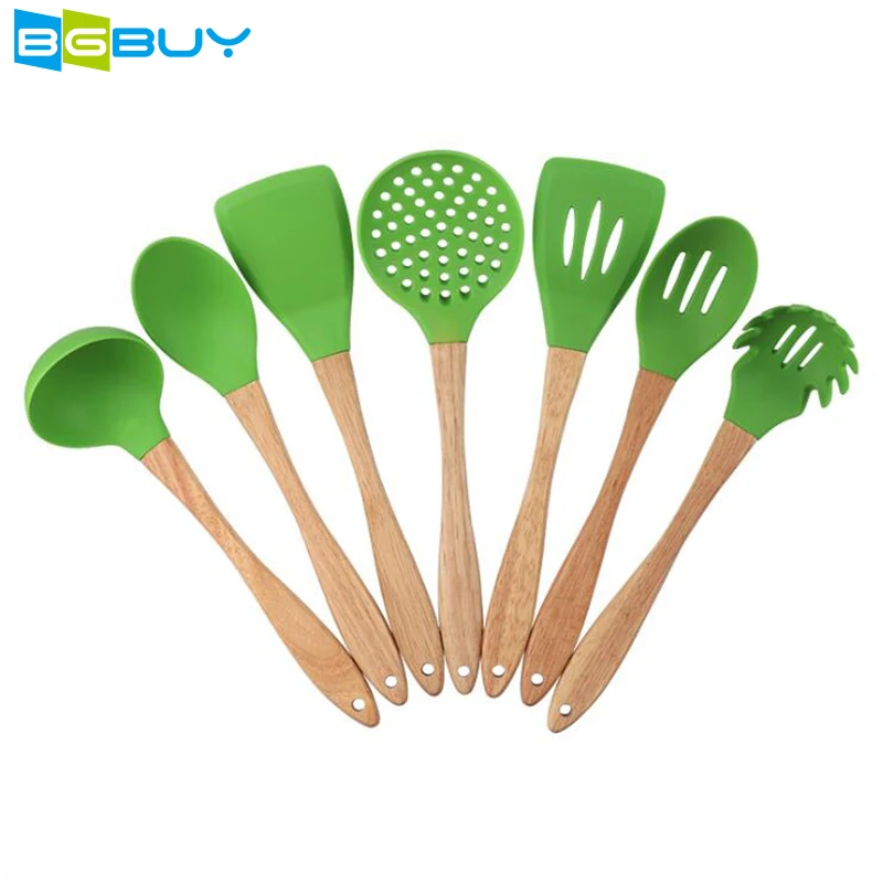 Silicone Cooking Kitchen Utensil Set, 8 Pieces Wooden Cooking Tool Turner Tongs Spatula Spoon for Nonstick Cookware