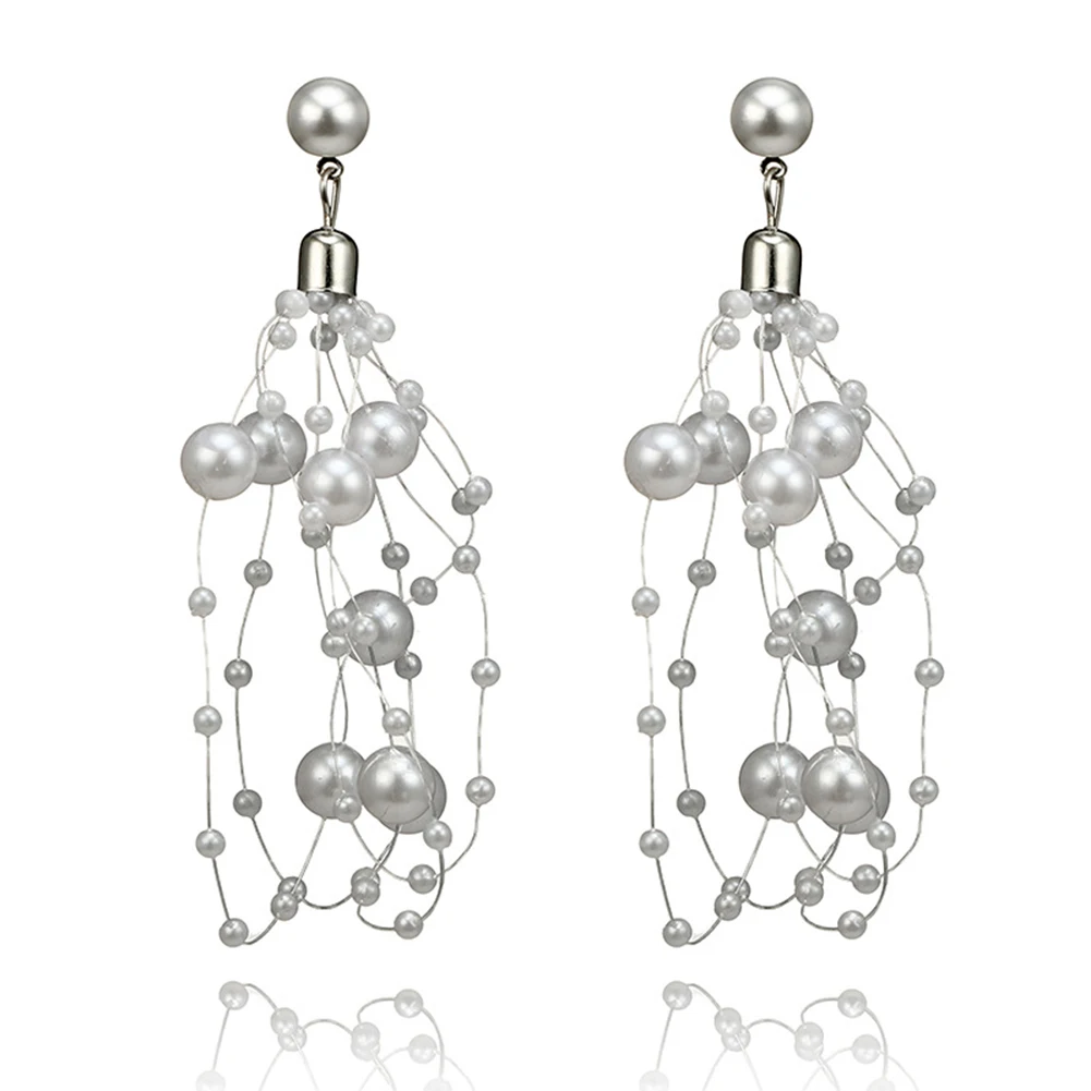 Fashion Simulated Pearl Beads String Tassel Long Drop Earrings for