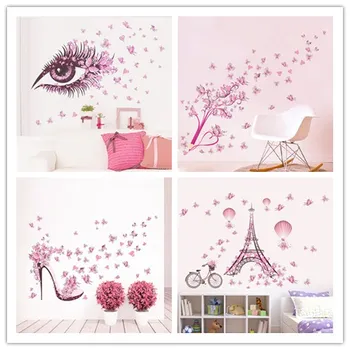 

high-heeled shoes eyes pen tower flying flower butterfly wall sticker home decor wall mural girls bedroom decoration