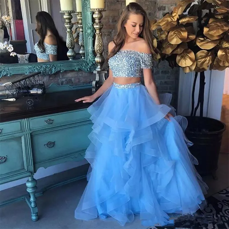 Sparkling Beaded Sequins Two Pieces long Prom Dresses Off Shoulder Tiered Skirt Tulle Ruffle Formal Girls Party Graduation Dress ball gown dress Prom Dresses