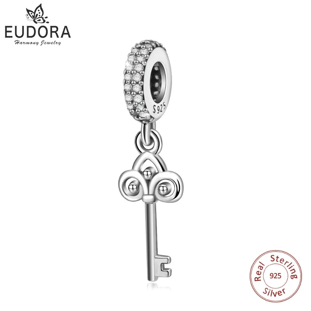 EUDORA Romantic New 100% 925 Sterling Silver Key Lock of True Love Pendant Charm fit Women Bracelet Necklace DIY Jewelry CYZ055 Fashion Jewelry