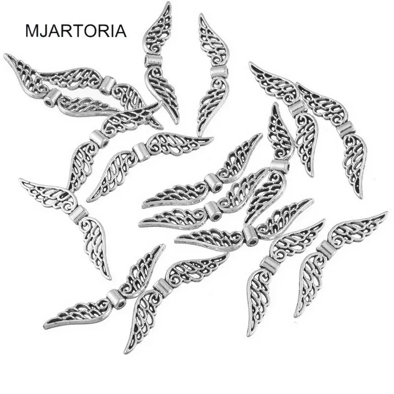 MJartoria 100 шт. бусины винтажные серебристые крылья ангела полые металлические