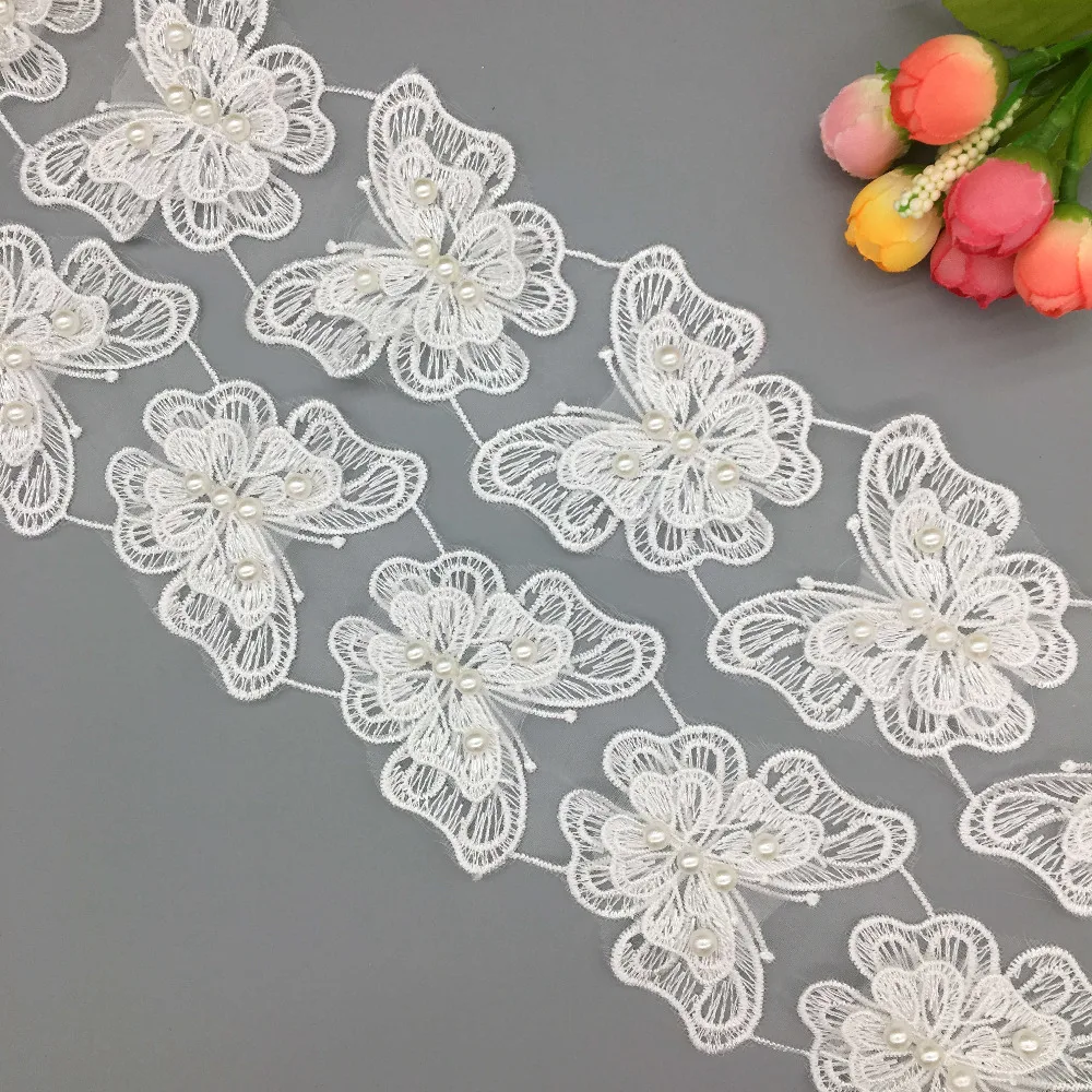 White Pearl Beaded Butterfly Applique Patch Motif Sash Headband Embellishment Felt Back