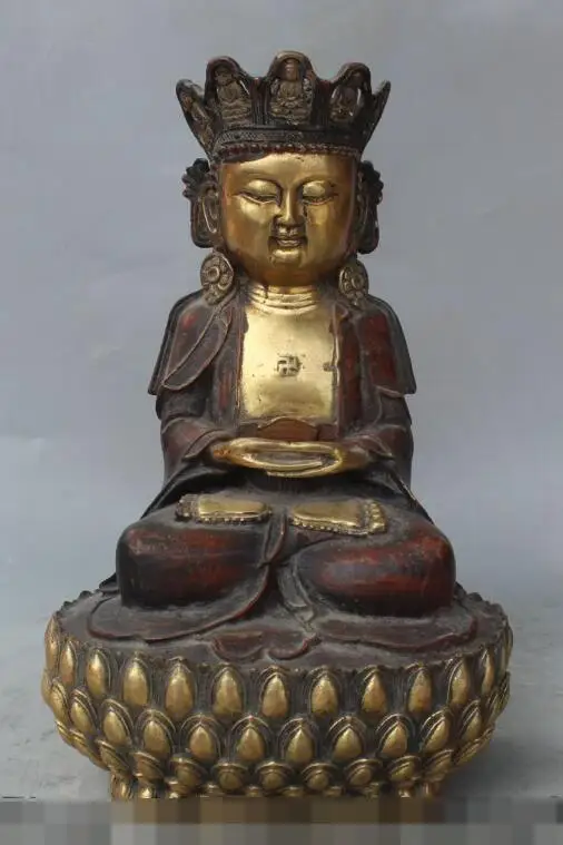 

S01046 12" Chinese Buddhism Bronze Gilt Seat Lianhua Shakyamuni Amitabha Buddha Statue (B0328)