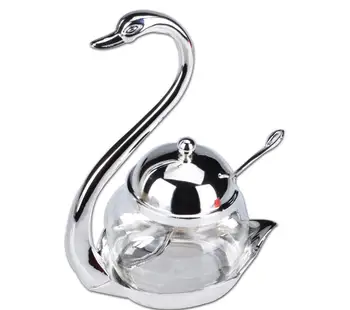 

Kitchen Tableware Sugar Pots Zinc alloy swan glass Seasoning box salt shaker caster bottle with spoon free shipping