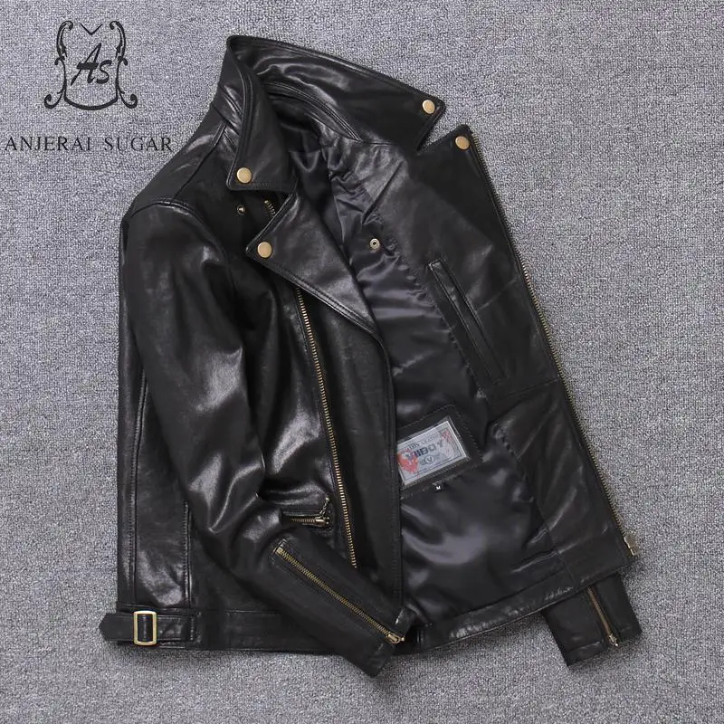 Куртка из натуральной овчины размера плюс, Мужская черная винтажная куртка с отложным воротником на молнии, мотоциклетная куртка в стиле панк