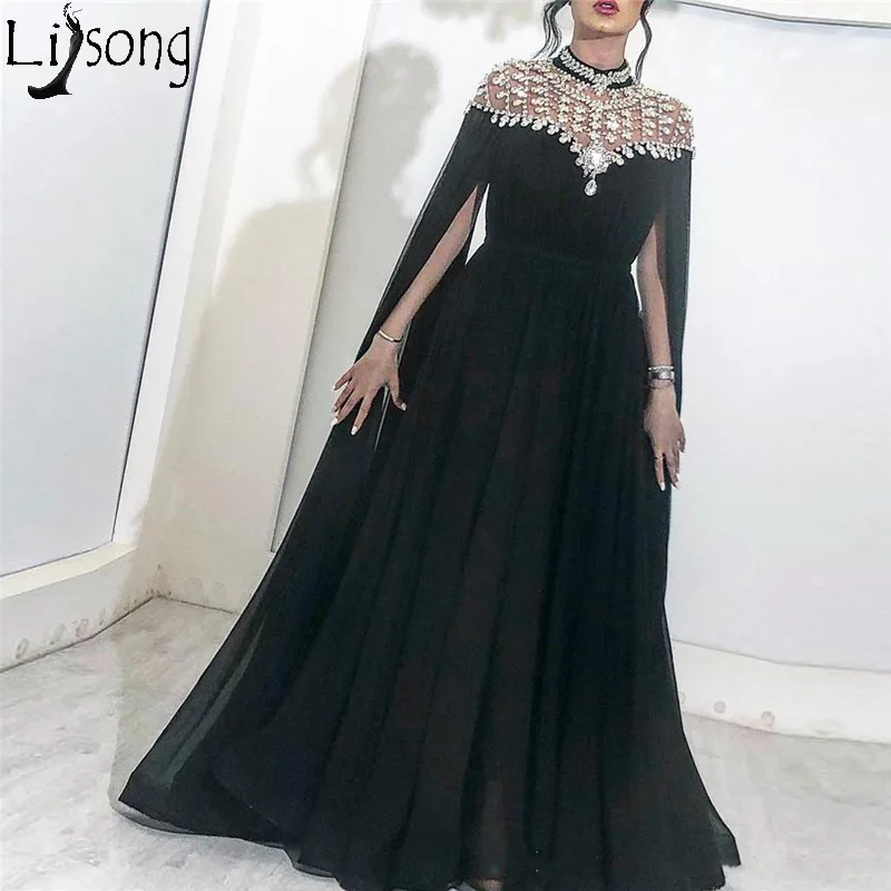 Sparkly Black Crystals Arabic Evening Dresses 2019 Yousef Aljasmi High Neck Caped Long Chiffon Cheap African Dubai Celebrity Prom Party Gown169
