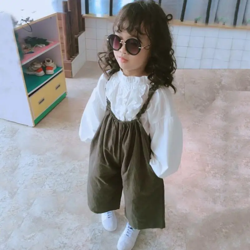 

2019 Spring Autumn Infant Baby Toddler Set Girls Clothes Sets Cotton White Blouse + Straps Pants 2 Pcs Suit Kids Clothing JW6981