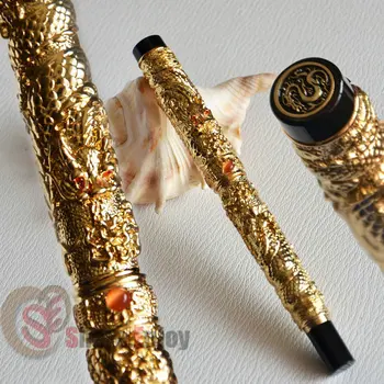 

ROLLER BALL PEN NOBLE JINHAO GOLDEN TWO DRAGON PLAY PEARL CRYSTAL