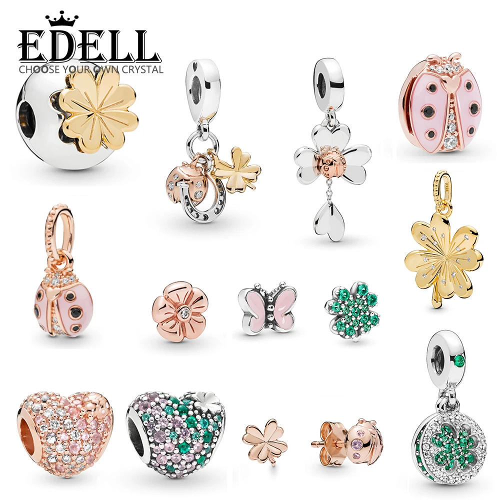 

EDELL 925 Sterling Silver 2019 Spring Four-Leaf Clover and Ladybird Stud Earrings CLIP Charm Beads Launched In Succession