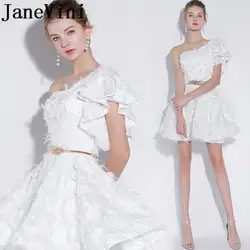 JaneVini простой белый одно плечо Короткие платья подружек невесты с карманом золото пояса назад молния плюс Размеры Выходные туфли на