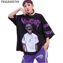 Новая женская футболка с принтом для мальчиков в уличном стиле, свободная футболка большого размера, женский топ с короткими рукавами и круглым вырезом на спине, черный хлопковый топ 284