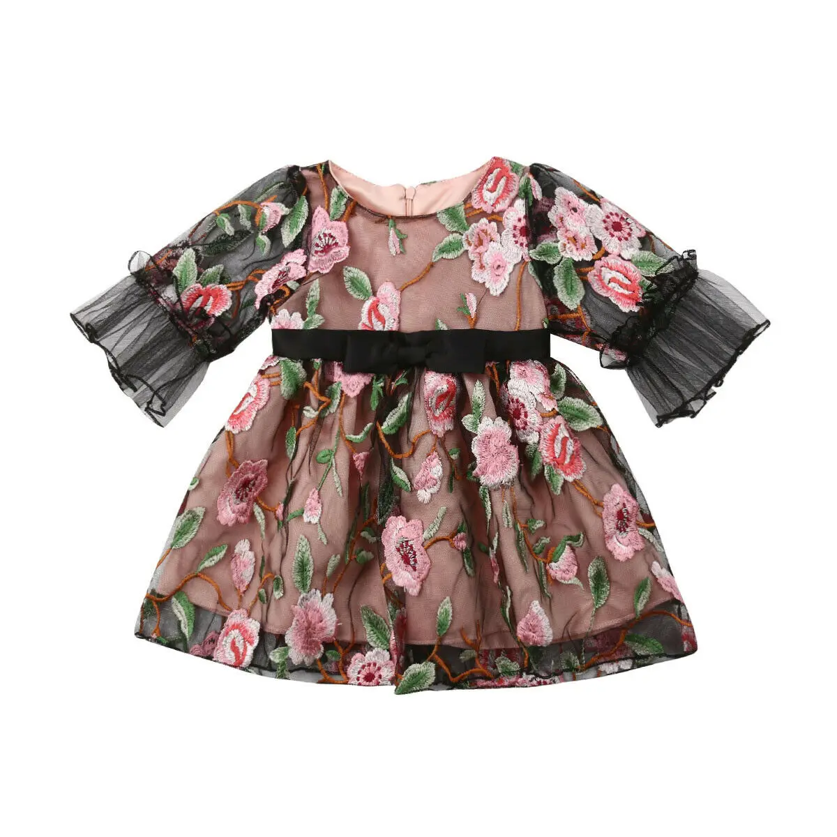 

2019 New Toddler Kids Baby Girls Floral Chiffon Five-Point Sleeve Embroidered Princess Party Lace Tutu Dresses