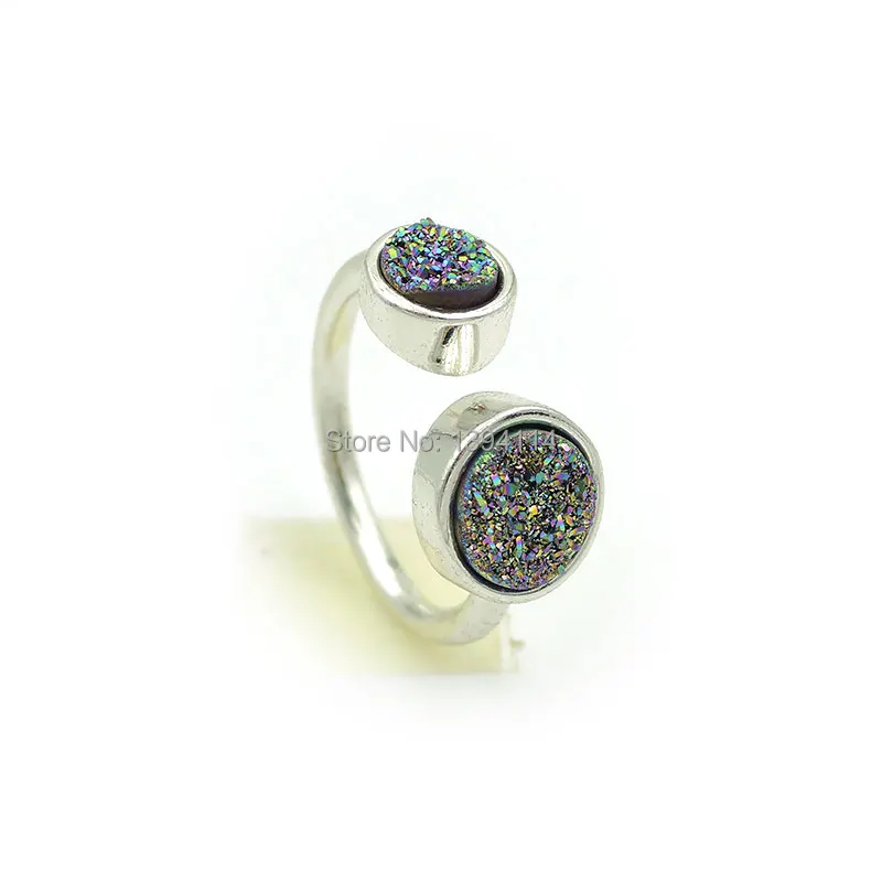 

6mm&8mm Combination Of 2 Crystals Druzy Round Setting Ring Silver Plated Titanium Coated Rainbow Gold AB Black