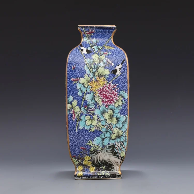 

Qing Dynasty Yong Zheng year mark enamel blue square flower and bird celestial bottle antique porcelain ancient porcelain