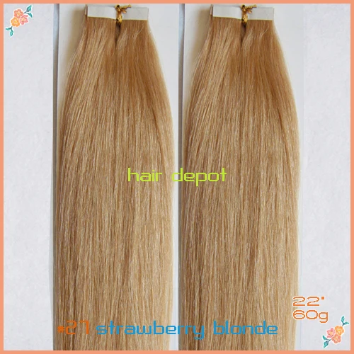 free UPS 22&quot #27 Tape Extensions Real Hair 60g-pack strawberry blonde Skin Weft Seamless 4A Grade Mixable |