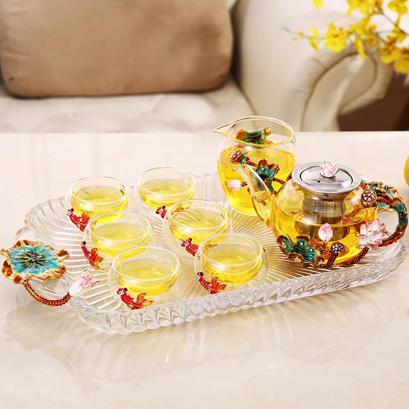 Китайский стиль стеклянный чайный набор кунг-фу чайный горшок набор из семи предметов чайный набор костюм бытовой чайный набор подарок - Цвет: 9-piece set