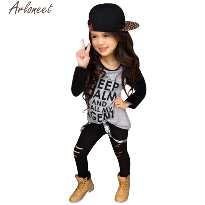 2017 fashiontoddler комплект для девочек одежда футболка с принтом топы + длинные штаны