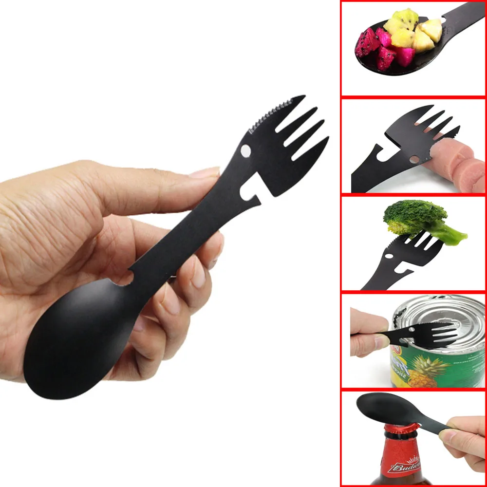 

Portable ultralight tableware outdoor EDC 5-in-1 mulit steel knife fork spoon opener for camping picnic
