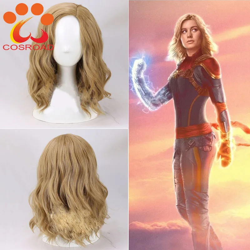 Cosroad Captain Marvel Coplay Costume Wigs Women Blonde Wavy Hair Gold Wig  (1)