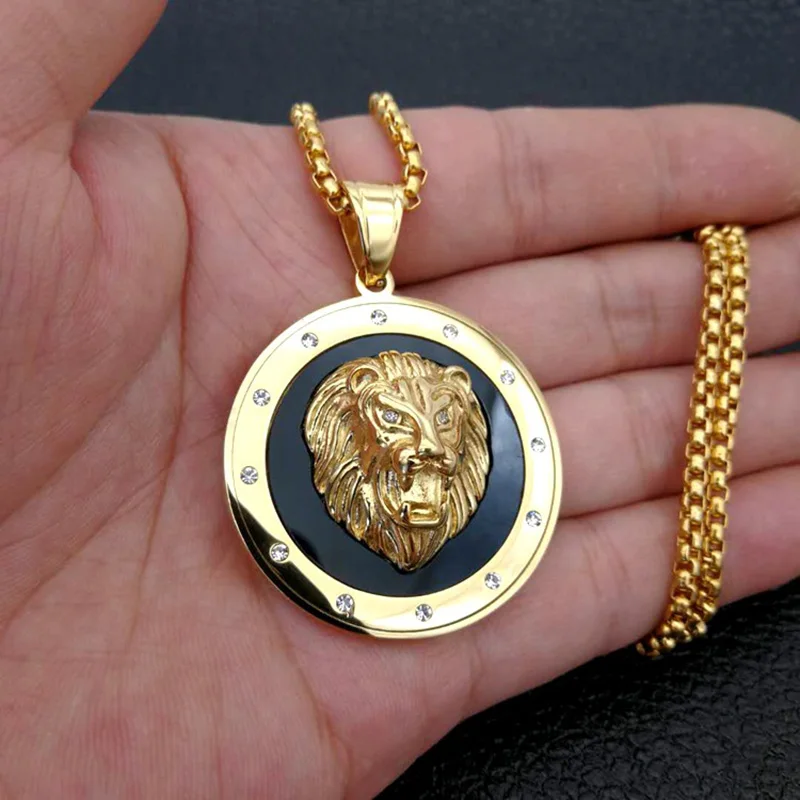 Микро камнями ААА CZ камень Bling голова льва ожерелье с круглой подвеской цвета: