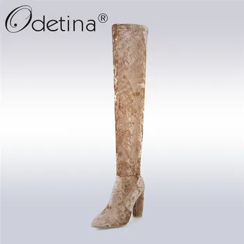 

Odetina 2017 Fashion Women Flock High Square Heels Over The Knee Boots Sexy Glitter Thigh High Boots Winter Shoes Big Size 33-43
